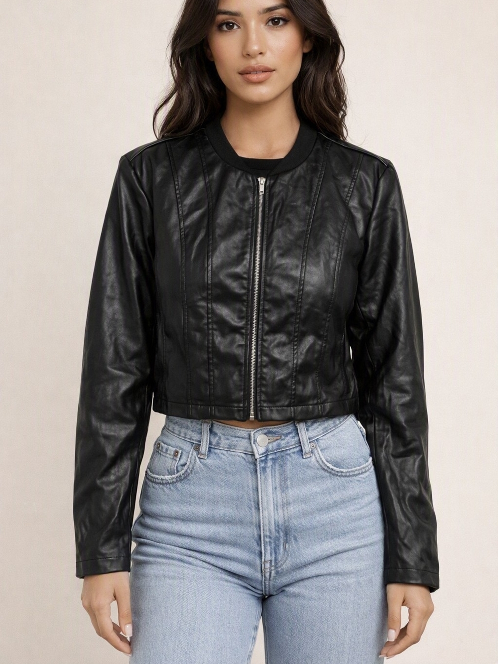 SHEIN Black Cropped Faux Leather Zip Jacket